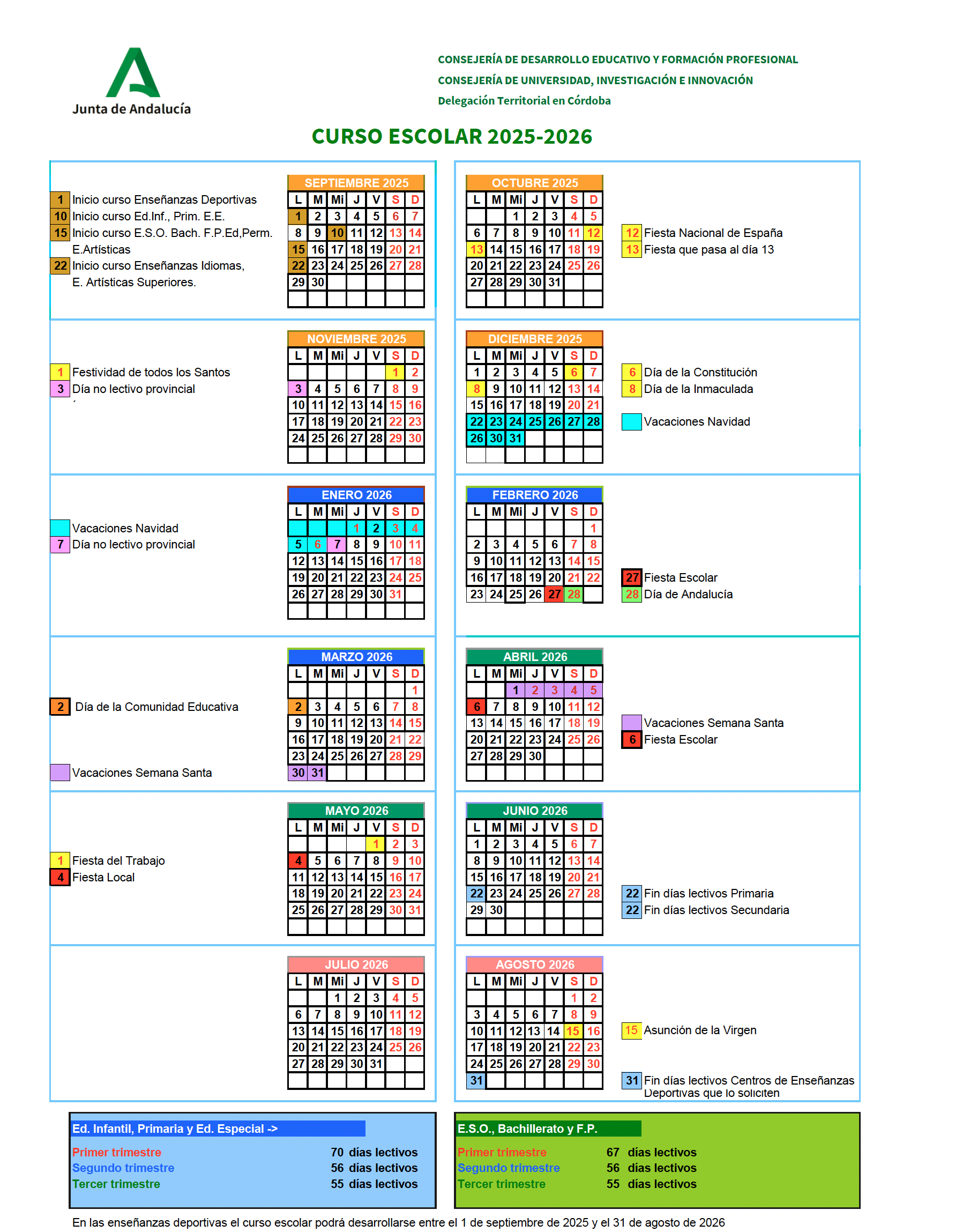 Calendario Escolar 2025/2026. Junta de Andalucia